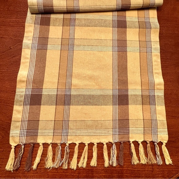 Pottery Barn Brown and Gold Plaid Table Runner with Fringe 18” x 70” - Picture 2 of 6